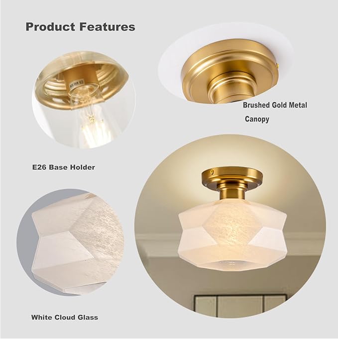 9.1" Schoolhouse Semi Flush Mount Ceiling Light Fixture, Frosted Glass Shade, Modern Farmhouse Light Fixtures for Living Room, Bedroom, Kitchen, Hallway, Laundry
