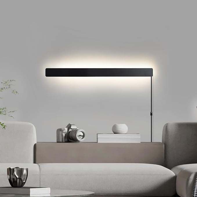 KELUOLY Modern Plug in Wall Sconces, 23.6 inch Frosted Black LED Long Wall Lights, 12W Warm White 3000K Acrylic Indoor Wall lamp,with 59" Plug Cable for Bedroom, Living Room, Bathroom Makeup, Hallway