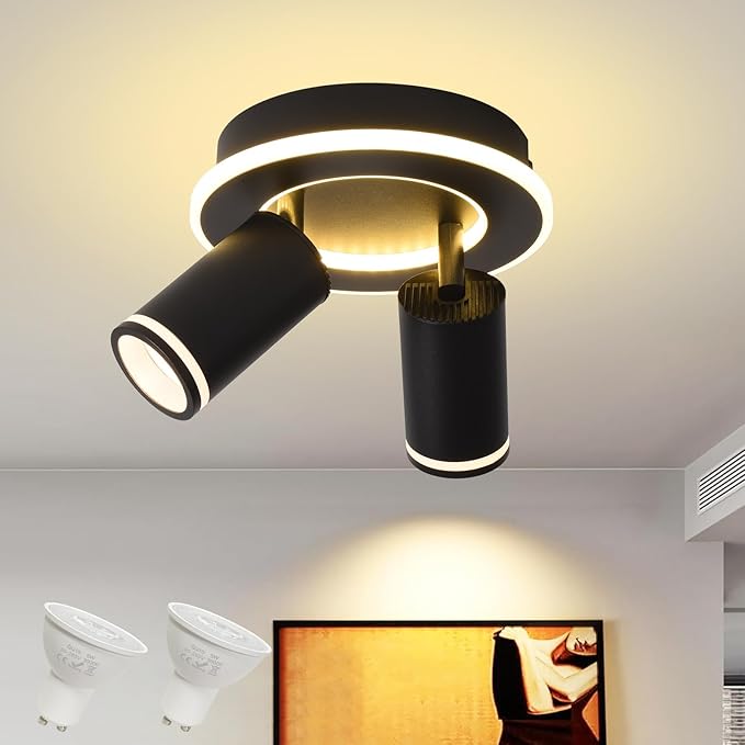 LED 2 Light Track Lighting Kit, Black Round Ceiling Spot Lighting Fixture with Flexibly Rotatable Heads, Modern Spotlight for Kitchen, Living Room, Bedroom, Dual Lighting Design,Includes 2 x GU10 Bulb
