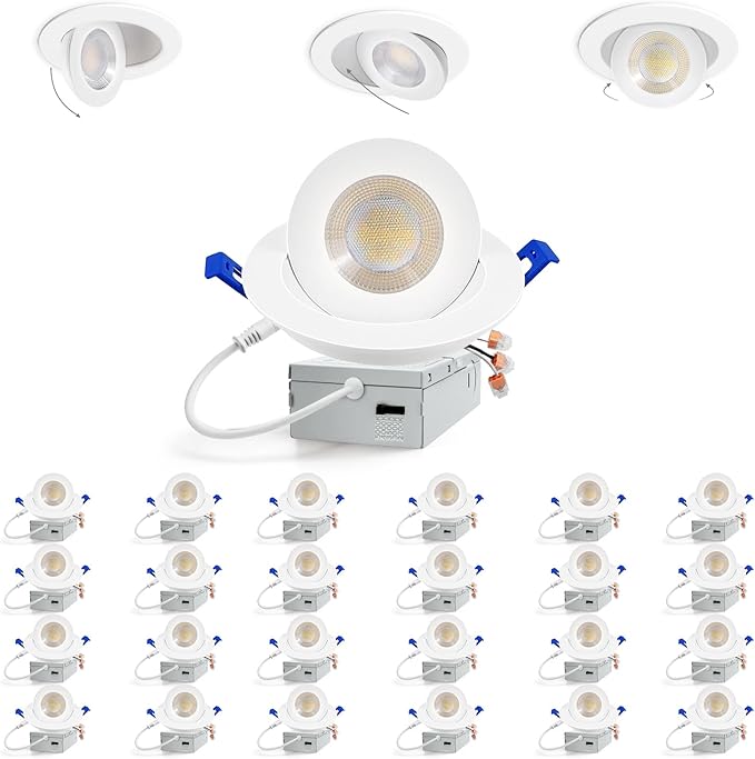 Adetu 4 inch Gimbal Led Recessed Lights, 360°+90° Adjustable Directional Recessed Lighting, 2700K/3000K/3500K/4000K/5000K Dimmable Remodel Eyeball Canless Downlight with Jbox,ETL (White,24 Pack)