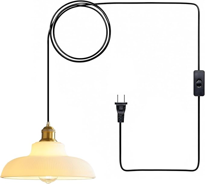 XZHGCEE Plug in Pendant Light: Hanging Light Plug in Milk Glass Hanging Lamp, Pendant Lighting for Kitchen Island, Bedroom, Dining Room, Living Room, No Bulb