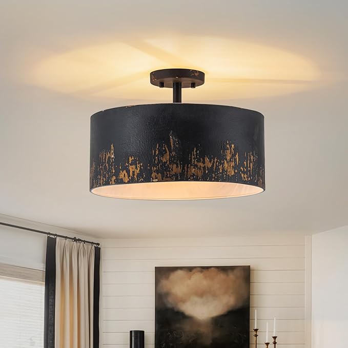 14.96" Modern Vintage Semi Flush Mount Ceiling Light,3-Light Matte Black Ceiling Light Fixture with Hand-Brushed Gold Finish,Dimmable Hallway Light Fixtures for Bedroom,Kitchen,Entryway,Foyer