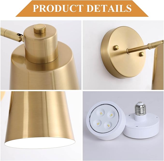 Battery Operated Wall Sconce Set of Two,Gold Modern with Remote Control Dimmable Wall Lighting Indoor, Not Hardwired Led Wall Lamp Fixtures for Bedroom, Bulb Included
