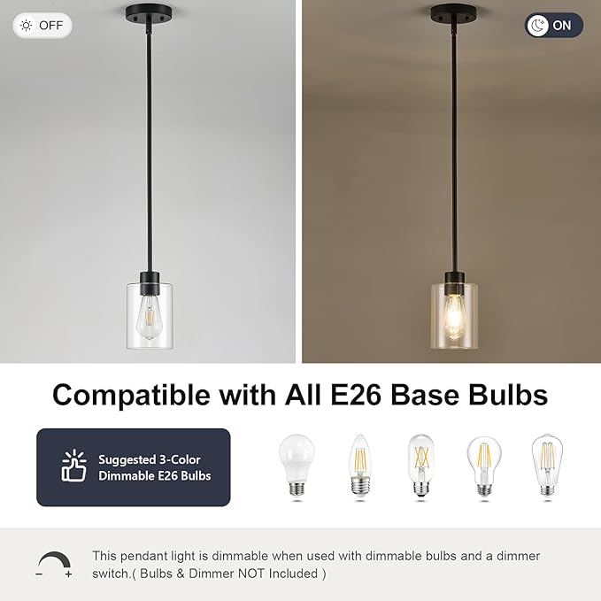 Modern Farmhouse Black Pendant Lights, Mini Hanging Light Fixture with Clear Glass Shade, Adjustable Rods for Kitchen Island, Sink, Bar (1 Pack)