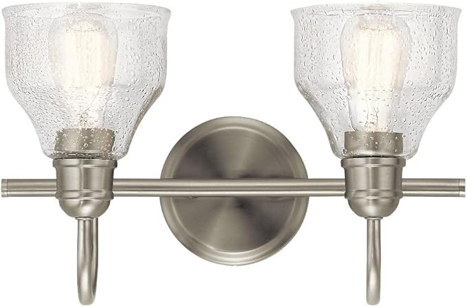 Kichler Avery 15" 2-Light Bathroom Vanity Light Fixture with Clear Seeded Glass in Natural Brass for Industrial Farmhouse Bathroom Over Mirror (8.25" x 15" x 9.5") 45972NBR