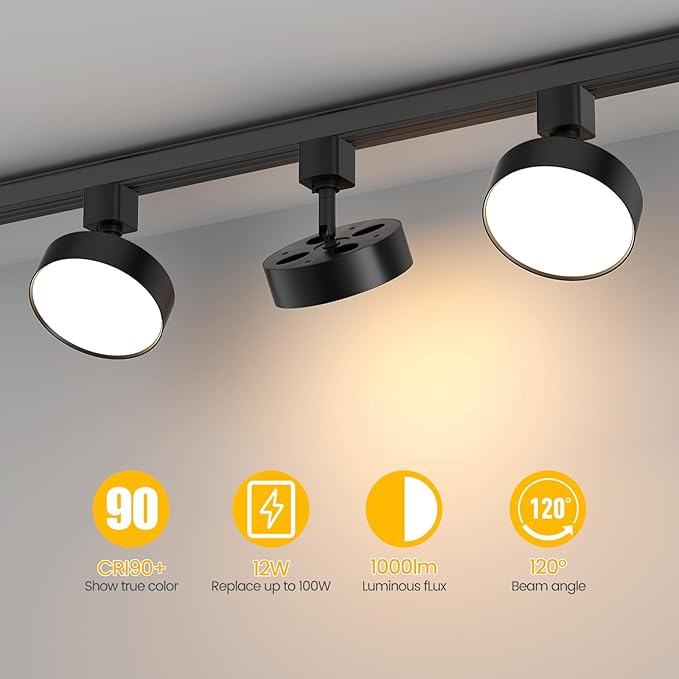 Diffuse LED Track Lighting Heads H Type Track Light Heads Dimmable Kitchen Track Lighting Fixtures Ceiling, Compatible with H Track Rails - Flicker Free CRI90+ 3000K 12W 1000lm, 4 Pack Black