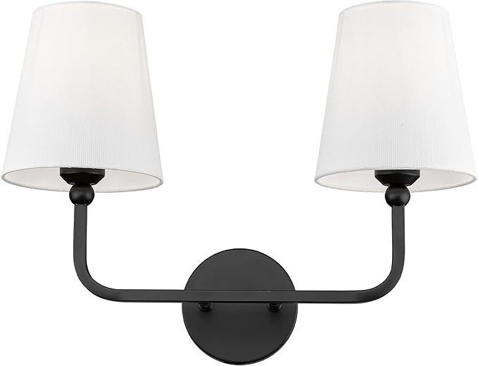 2-Light Bathroom Light Fixtures, Matte Black Vanity Lights, Double Wall Sconce with Flared White Fabric Shade, Modern Sconces Wall Lighting for Hallway Bedroom Stairway, VL837-MB-2-S