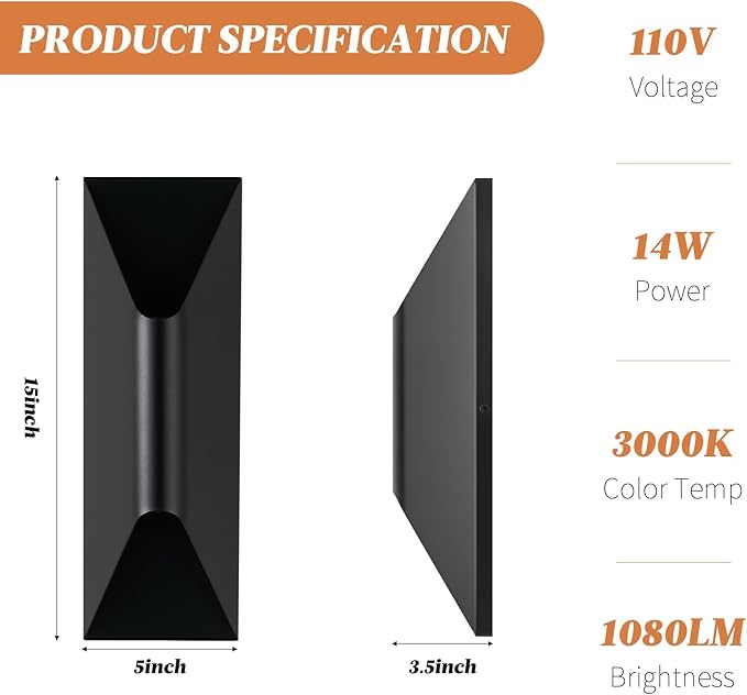 Outdoor Wall Light Fixture, 15" Up and Down Waterproof Porch Wall Sconce, Replaceable Bulb, 3000K LED, Modern Black Outside Lights for House, Front Door, Garage