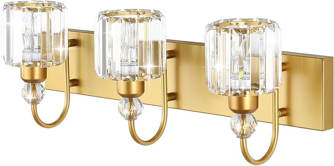 Ralbay Gold Bathroom Vanity Lights 3-Lights Gold Crystal Vanity Lights Over Mirror Modern Crystal Bathroom Vanity Lighting Fixtures