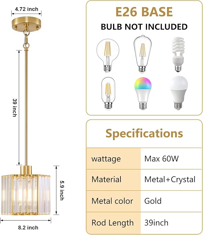 XSDeTu 2 Pack Gold Pendant Lights Kitchen Island, Modern Crystal Pendant Light Fixtures, 1-Light Small Farmhouse Chandelier, Adjustable Brass Hanging Light Fixture for Dining Room, Hallway, Bedroom