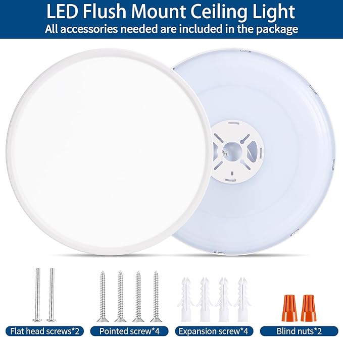 15'' Led Flush Mount Ceiling Light Fixture, 32W 3200LM, Dimmable & 3000K/4000K/6500K Selectable, Modern White Ceiling Lamp for Bedroom, Kitchen, Home Office, Hallway, Wired