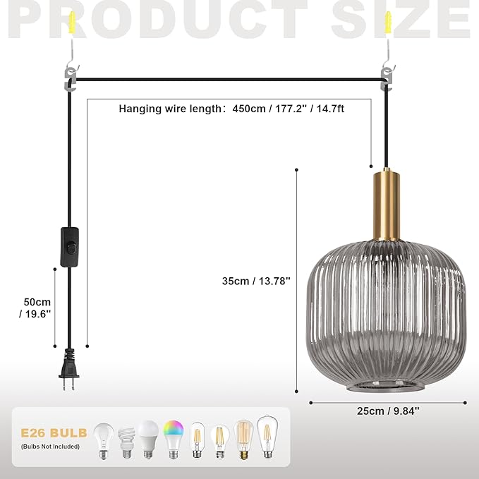 Plug in Pendant Light with Cord, 9.8" Ribbed Glass Hanging Light Fixture, Industrial Smoke Gray Hanging Swag Lamp for Bedroom, Kitchen Island, Dining Room, Living Room, E26 Base