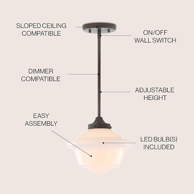 JONATHAN Y 9.5" Oil Rubbed Bronze Modern Schoolhouse LED Pendant Light Fixture, Adjustable Drop Metal Hanging Lamp with White Glass Shade for Kitchen Island, Dining Room, Foyer (JYL3517C)