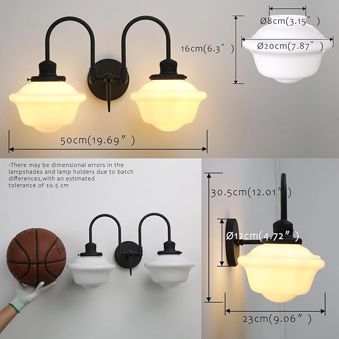 Pathson Vintage Milk White Wall Sconces, 2-Lights Hardwired Glass Bathroom Vanity Light Double Metal Curved Arms, Wall Painting Sconce Lamps Decor for Mirror, Living Room, Loft, Stairwell, Foyer