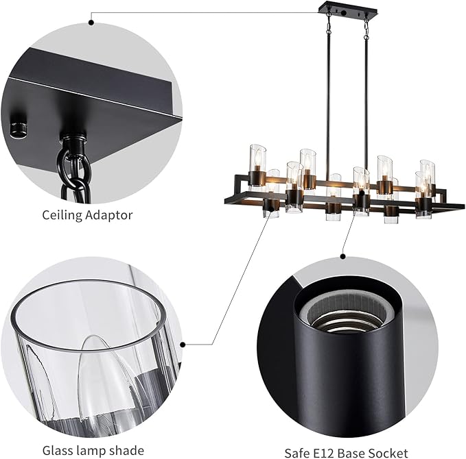 WUZUPS Island Rectangle Chandelier 10-Light with Clear Glass Industrial Modern Farmhouse Linear Light Fixture for Dining Room Kithen Island, Width 42.5" Height 10.4", Black