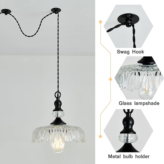 CVKASH Plug in Glass Pendant Light Fixture Black Vintage Adjustable Chandelier Hanging Ceiling Light for Farmhouse Hallway Bedroom Foyer Kitcken Dining Room Island.