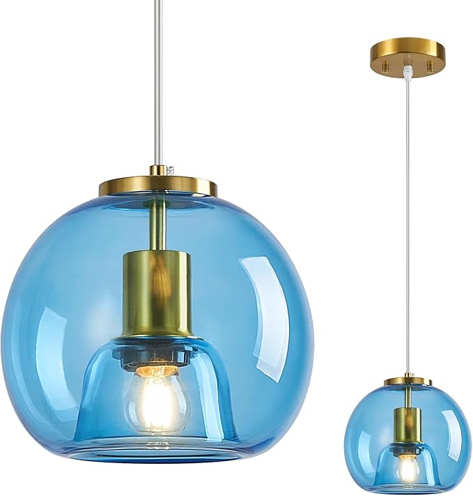 Light Blue Glass Pendant Lights Kitchen Island Gold Hanging Light Fixture Glass Globe Pendant Light Modern Pendant Lighting for Kitchen Island Bedroom Dining Room (7.87", B Style-1 Pack)