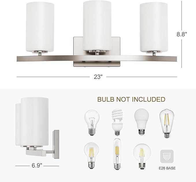 Tawson Talos 3-Light Vanity Light in Brushed Nickel with Satin Etched Glass Shade for Hallway, Entryway, Passway, Dining Room, Bathroom, Garage, Kitchen, Balcony, Living Room
