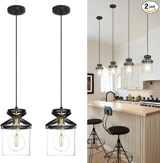 Black Kitchen Pendant Lighting over Island, Modern Glass Pendant Lighting, Hanging Lights for Living Room Set of 2, Pendant Lights Kitchen Island 2 Pack, Pendant Lamp for Dining Room, Hallway, Sink