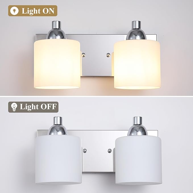 Mecgirn Stainless Steel Milk Glass Vanity Lights for Bathroom, 2 Light Polished Chrome Bathroom Light Fixtures Over Mirror, Ceramic E26 Sockets Wall Mounted
