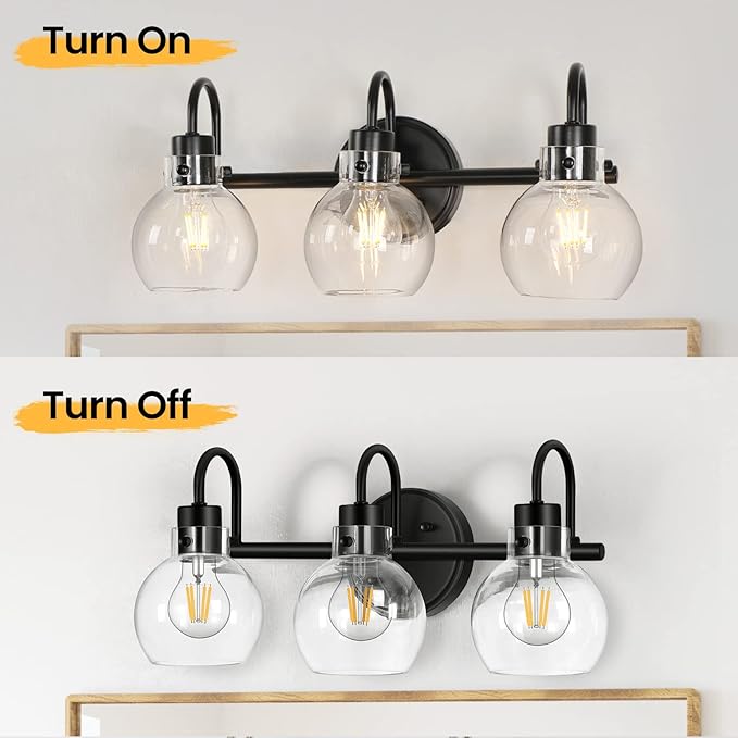 Bathroom Light Fixtures, Black 3 Lights Vanity Light, Farmhouse Wall Sconces with Globe Glass Shade, Porch Wall Mount Lamp for Mirror, Kitchen, Porch Living Room Workshop (E26 Base)