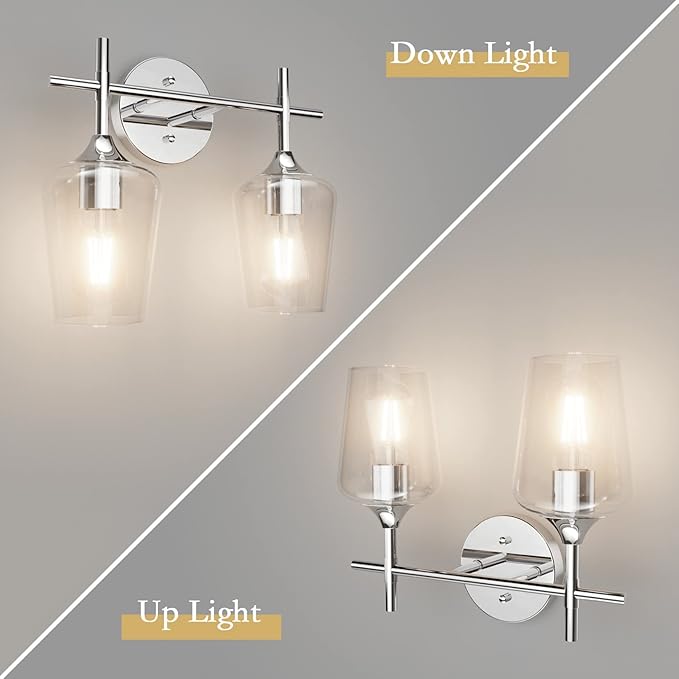 Ralbay Chrome Bathroom Light Fixtures 2-Lights with Clear Glass Modern Wall Mount Lighting Industrial Farmhouse Bathroom Vanity Lights Wall Sconce Chrome