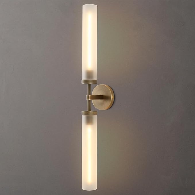 30" 2 Lights Hardwired Frosted Glass Bathroom Wall Sconces, Handmade Knurled Brass Wall Light Fixture,Modern Vanity Light for Living Room,Hallway, Bedroom, Indoor Wall Lamp, Bulb Included