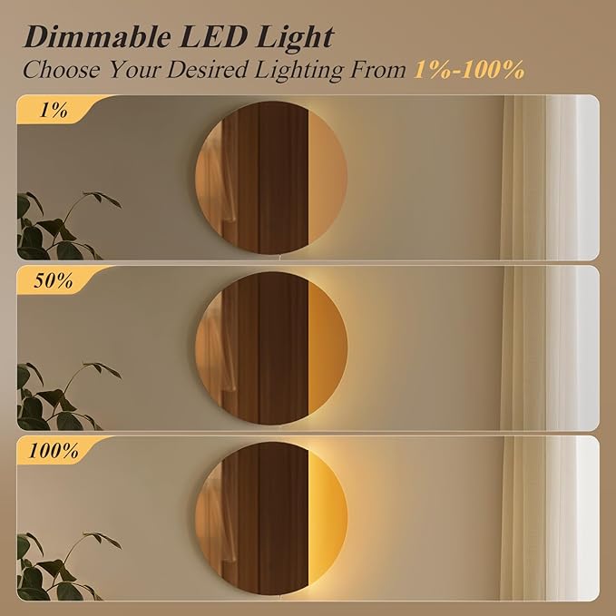 ONEWISH LED Wall Sconce, Dimmable Mirror Wall Lamp,16.93 inch Round Wall Lights for Bedroom with Memory Function, Wall Lamps for Living Room Entryway, Bronze