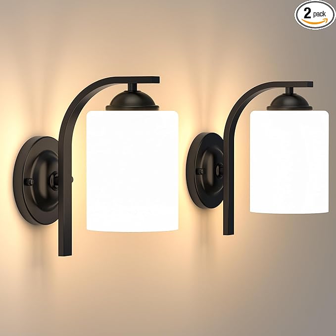 2-Pack Wall Sconces for Bedroom and Bathroom, Matte Black Farmhouse Wall Light Fixtures with Glass Shade, Modern Vanity Wall Lamps for Living Room, Hallway, Kitchen