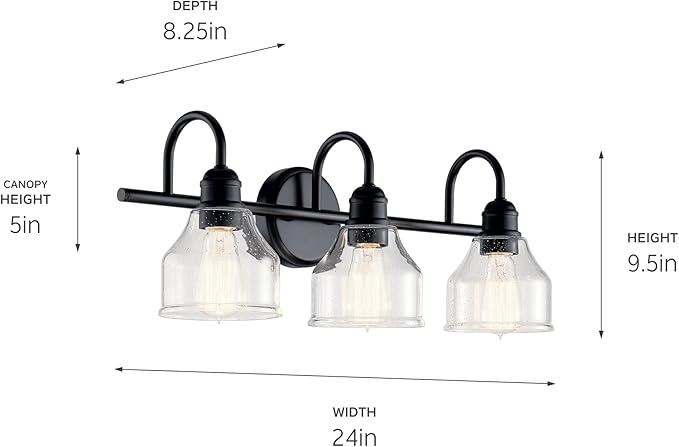 Kichler Avery 24" 3-Light Bathroom Vanity Light Fixture with Clear Seeded Glass in Black for Modern Industrial Farmhouse Style, Wall Mount Over Mirror (24" x 9.5" x 8.25"), 45973BK