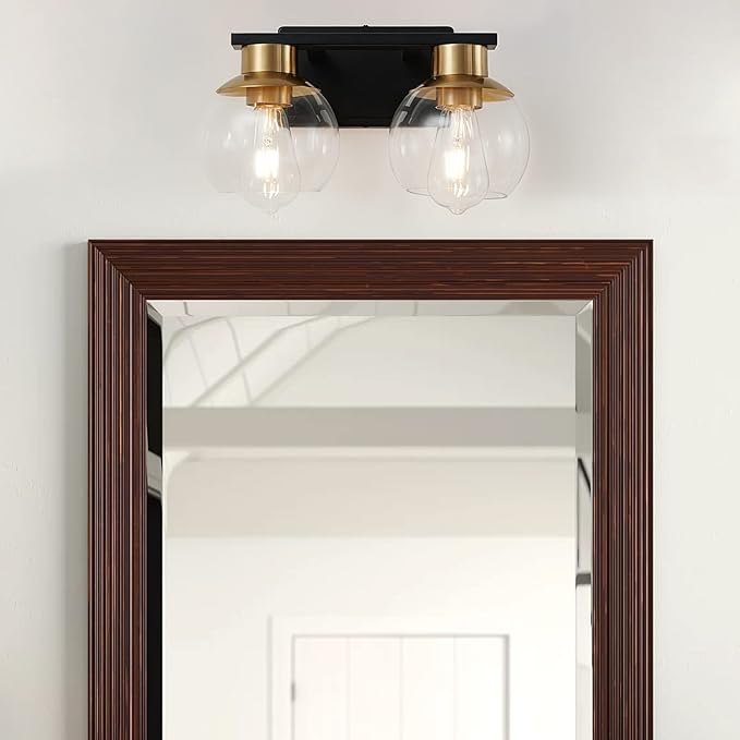 PAZALA 2 Light Vanity Lights, Black Gold Bathroom Wall Sconce Light with Globe Glass Shade, Bathroom Light Fixture Over Mirror for Bedroom, Living Room, Hallway (E26 Base)