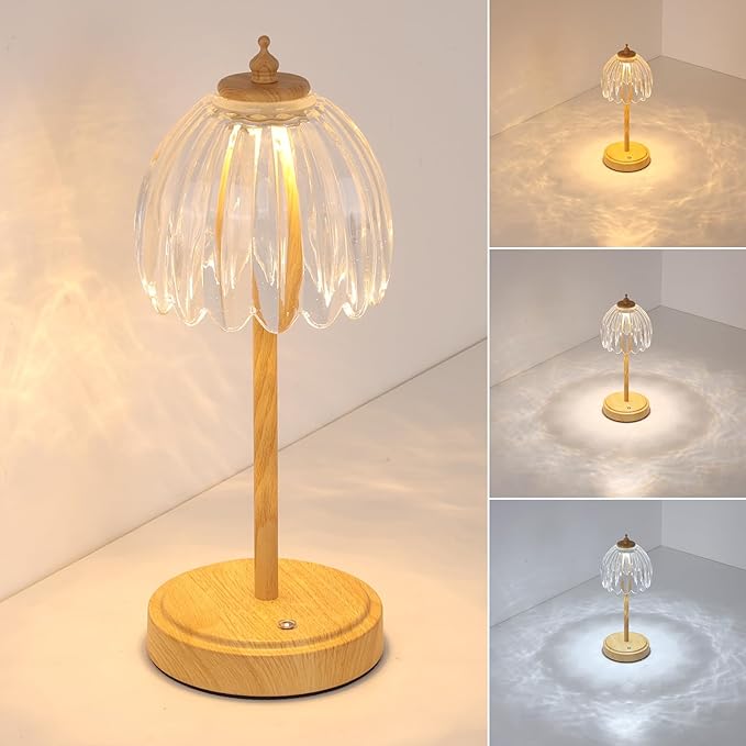 Shenmoyl Tulip Table Lamp with 5200mAh Battery & Touch Control, Small Cordless Table Lamp with 3 Colors, Rechargeable Battery Operated Table Lamps for Bedroom, Desk, Bedside (Transparent-Beech Color)