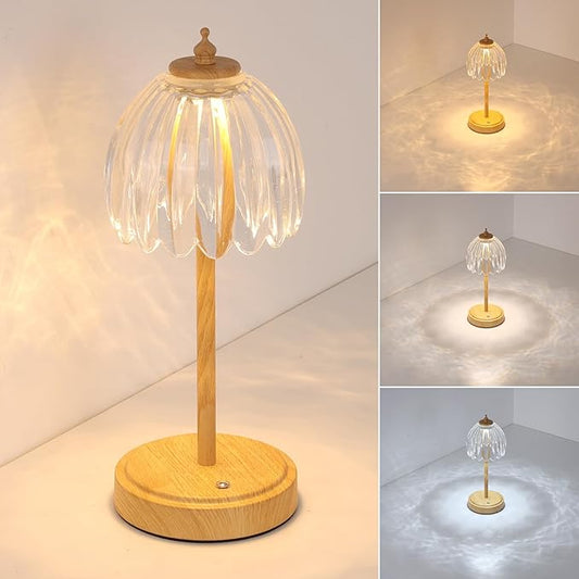 Shenmoyl Tulip Table Lamp with 5200mAh Battery & Touch Control, Small Cordless Table Lamp with 3 Colors, Rechargeable Battery Operated Table Lamps for Bedroom, Desk, Bedside (Transparent-Beech Color)
