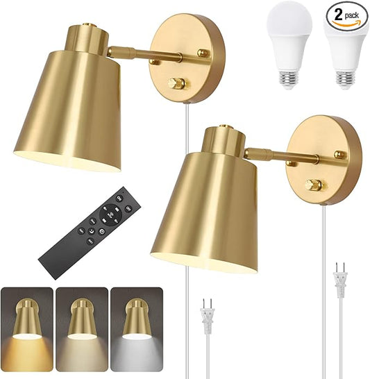 VATONI Plug in Wall Sconces with Remote Control, Adjustable Color Temperature 2700K-6000K and Dimmable Wall Sconces Gold Wall Lights with Plug in Cord for Bedroom Bedside Stairway(2 Pack, 2 Bulbs)