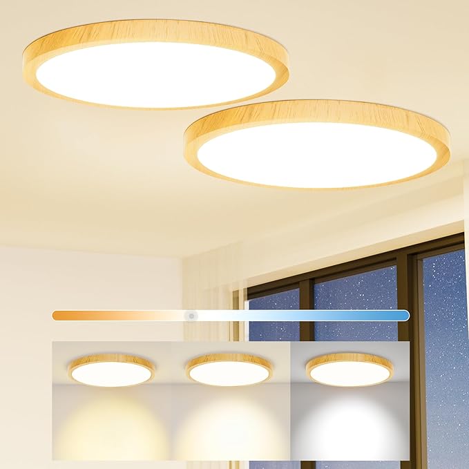 Light Fixtures Ceiling Mount: 12 Inch 24W Wood Grain 3CCT LED Ceiling Light 3000K-4000K-6000K Selectable Flat Round Lights for Bedroom Laundry Closet Hallway Office Set of 2