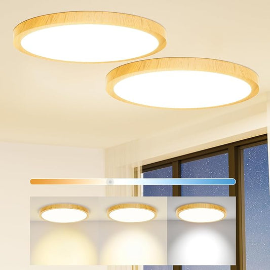 Light Fixtures Ceiling Mount: 12 Inch 24W Wood Grain 3CCT LED Ceiling Light 3000K-4000K-6000K Selectable Flat Round Lights for Bedroom Laundry Closet Hallway Office Set of 2