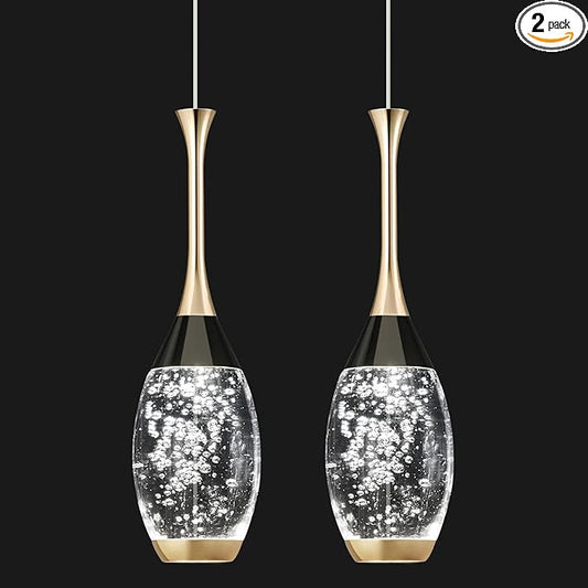 Modern Black Gold Pendant Light Dimmable LED Ceiling Light Fixtures Mini Teardrop Crystal Pendant Lighting for Kitchen Island Bedroom Hallway Entryway (2-Pack，Champagne Gold)