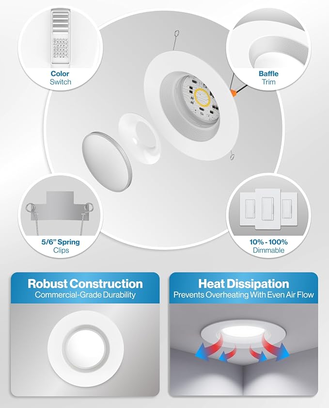 Sunco 80 Pack 6 Inch LED Recessed Light, Retrofit Downlight Can Lights for Ceiling, Baffle Trim, 1050 LM, 13W (75W Equivalent), Selectable CCT 2700K/3000K/3500K/4000K/5000K, Dimmable, Damp Rated UL.