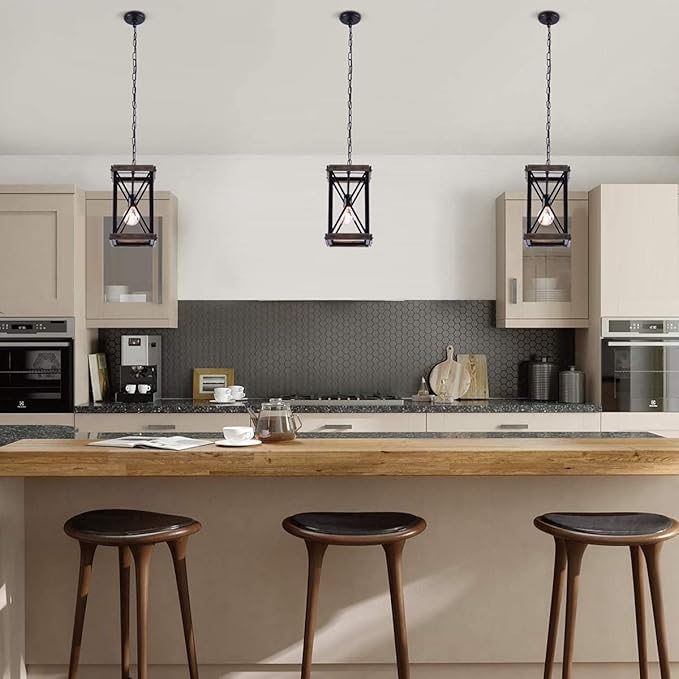 VILUXY Farmhouse Pendant Light for Kitchen Island 1-Light Wood Pendant Hanging Lamp Black Metal Cage Pendant Lantern Lighting for Dining Room Kitchen Hallway