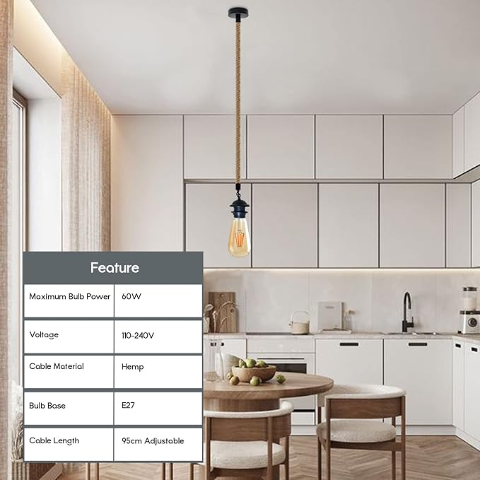 LEDSone Farmhouse Vintage Hemp Rope Pendant Light Hemp Rope Adjustable Ceiling Hanging Pendant Light E26 Base Industrial Hemp Rope Retro Pendant Lighting Fixture for Dining Room Kitchen (Pack of 4)