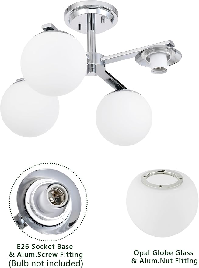 Chrome Semi Flush Mount Ceiling Light, 4-Ligh Modern Kitchen Lighting Fixtures with Globe Glass Shade, Hallway Light Fixtures Ceiling Mount for Dining Room, Living Room, Bedroom, Foyer