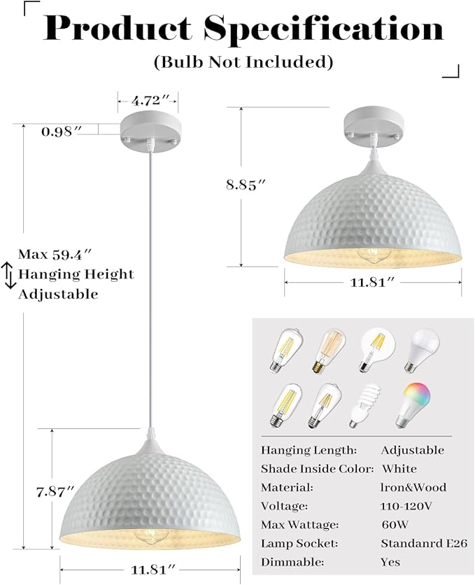 White Pendant Lights Kitchen Island 3 Pack, 12 Inch Hammered Dome Pendant Light, Farmhouse Kitchen Pendant Lights, Industrial Hammered Pendant Light for Kitchen, Dining Room, Barn