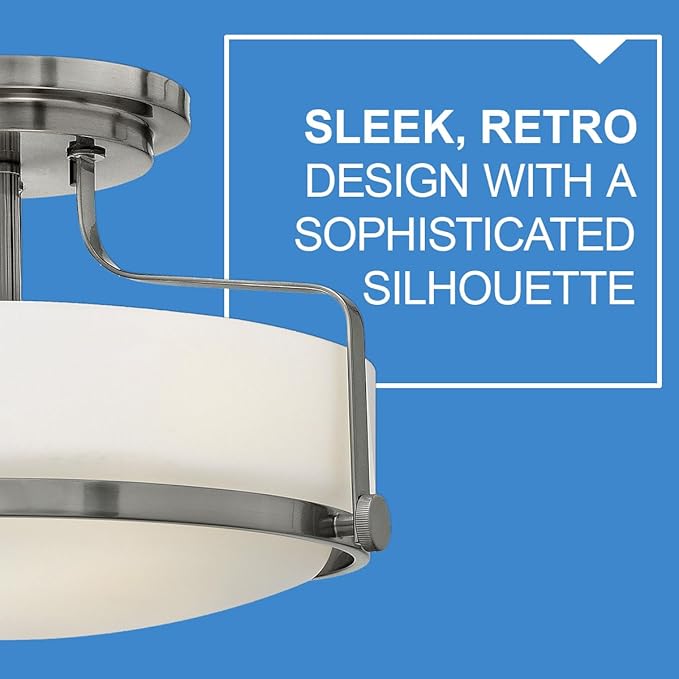 Hinkley Harper 3641BN Medium Semi-Flush Mount Ceiling Light, Sleek, Retro Style, Brushed Nickel and Etched Opal Glass