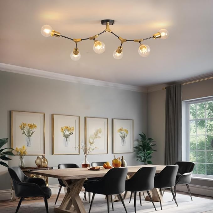 Modern Mid Century Gold and Black Large Sputnik Semi Flush Mount Ceiling Light Fixture for Bedroom Dining Room Living Room Kitchen Hallway Office,Metal 6 Light Long Chandelier