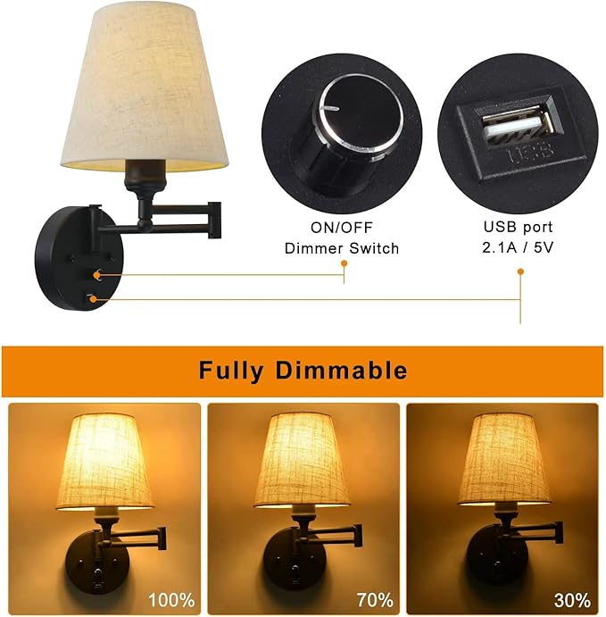 Bedside Wall Mount Light with Dimmable Switch and USB Port, Black Wall Sconce Light with Swing Arm and Plug in Cord, Fabric Shade Wall Lamp Perfect for Bedroom, Living Room and Hotel