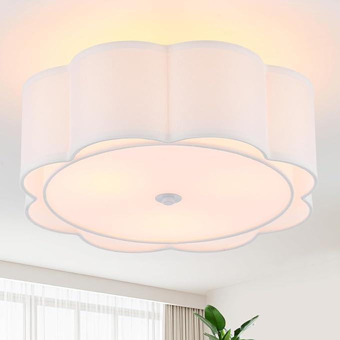 Semi Flush Mount Ceiling Light, White Linen Fabric Shade Ceiling Light, Modern Farmhouse Close to Ceiling Light for Bedroom, Hallway, Living Room, Dining Room, Laundry Room