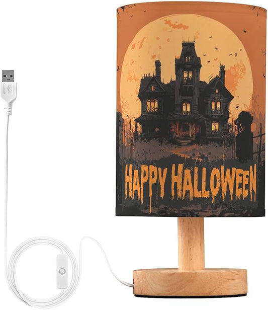 Aslsiy Spooky Castle Halloween Moon Bedside Table Lamp Orange Nightstand Lamp Night Light Fabric Shade for Bedroom Living Room Home Office