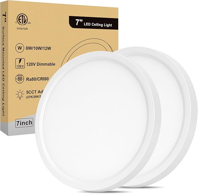 LED Flush Mount Ceiling Light - 7 Inch, Dimmable and 5CCT 8W/10W/12W Selectable, 100W Equivalent Incandescent Modern Kitchen Recessed Ceiling Lamp for Closet, Laundry, 7 Inch 2Pack White