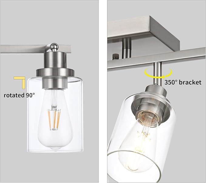 2 Light Track Lighting Kit Brushed Nickel Kitchen Track Lighting Fixtures Ceiling Mount Bathroom Vanity Wall Scones Light Fixture with Clear Glass, Rotatable Spotlight for Kitchen Shop Hallway