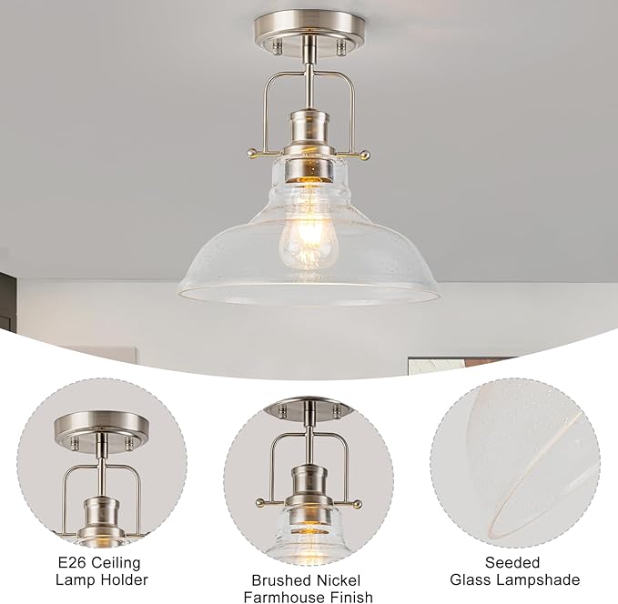 WILON Farmhouse Glass Semi Flush Mount Ceiling Light Fixture, Kitchen Lighting Fixtures Industrial Ceiling Lamp for Hallway Bedroom Kitchen Laundry Room (Brushed Nickel & Seeded, 1 Pack)